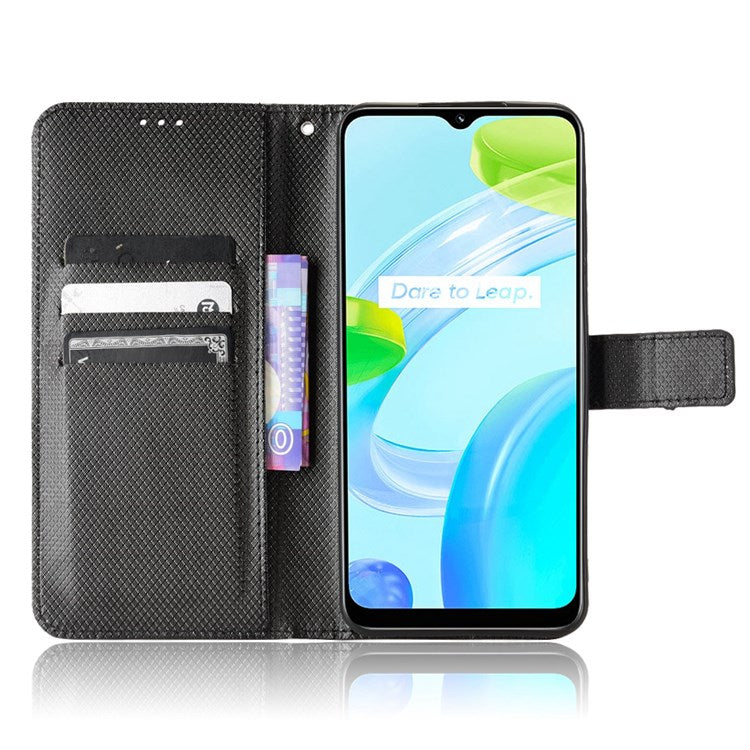 For Realme C30 4G Supporting Stand Wallet Phone Case Wrist Strap Diamond Texture PU Leather Phone Cover - Black