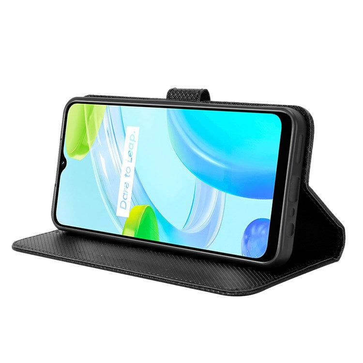 For Realme C30 4G Supporting Stand Wallet Phone Case Wrist Strap Diamond Texture PU Leather Phone Cover - Black