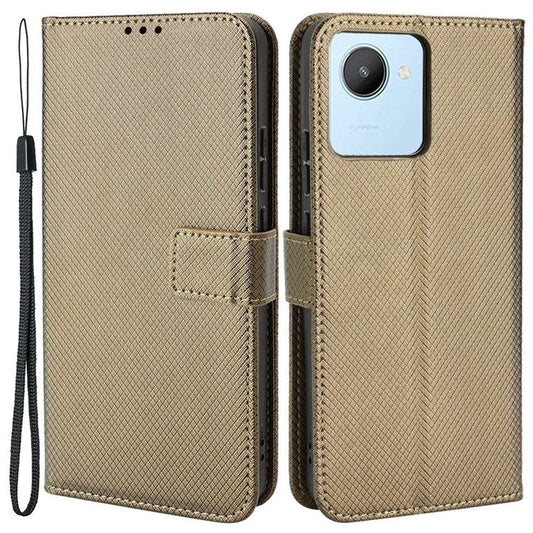 For Realme C30 4G Supporting Stand Wallet Phone Case Wrist Strap Diamond Texture PU Leather Phone Cover - Brown