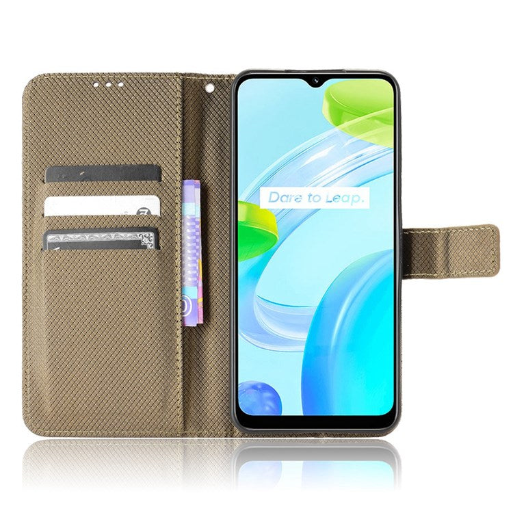 For Realme C30 4G Supporting Stand Wallet Phone Case Wrist Strap Diamond Texture PU Leather Phone Cover - Brown