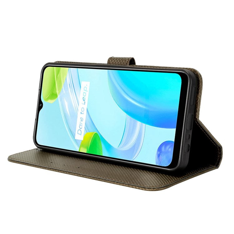 For Realme C30 4G Supporting Stand Wallet Phone Case Wrist Strap Diamond Texture PU Leather Phone Cover - Brown