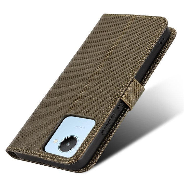 For Realme C30 4G Supporting Stand Wallet Phone Case Wrist Strap Diamond Texture PU Leather Phone Cover - Brown