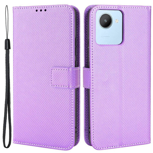 For Realme C30 4G Supporting Stand Wallet Phone Case Wrist Strap Diamond Texture PU Leather Phone Cover - Purple