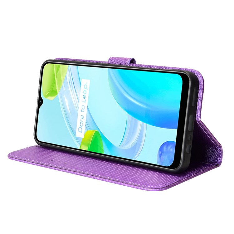For Realme C30 4G Supporting Stand Wallet Phone Case Wrist Strap Diamond Texture PU Leather Phone Cover - Purple