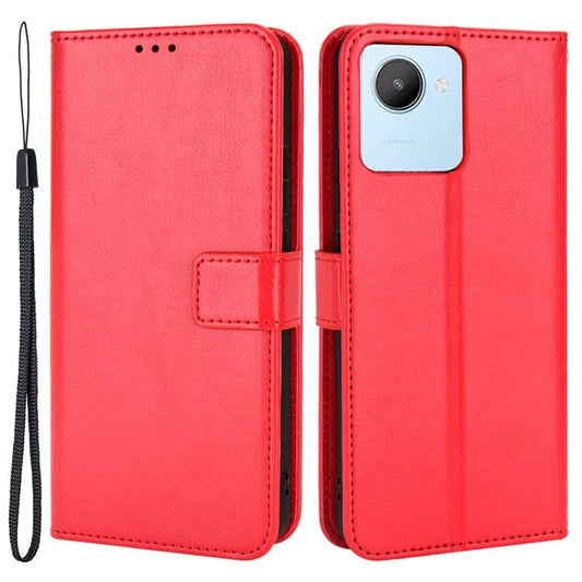 Mobile Phone Case Bag for Realme C30 4G, Crazy Horse Texture PU Leather Cover Stand Wallet - Red