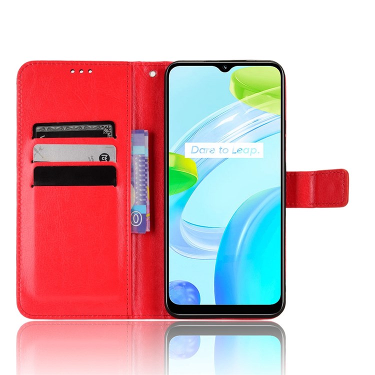 Mobile Phone Case Bag for Realme C30 4G, Crazy Horse Texture PU Leather Cover Stand Wallet - Red