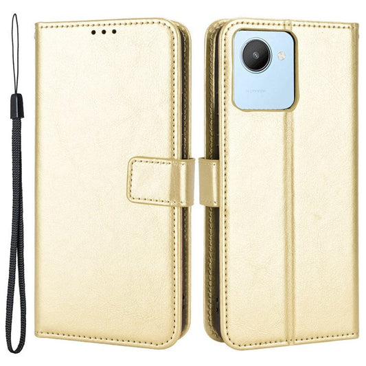 Mobile Phone Case Bag for Realme C30 4G, Crazy Horse Texture PU Leather Cover Stand Wallet - Gold