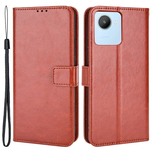 Mobile Phone Case Bag for Realme C30 4G, Crazy Horse Texture PU Leather Cover Stand Wallet - Brown