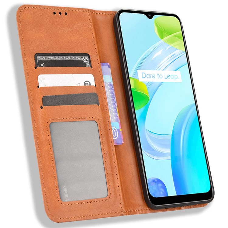 For Realme C30 4G Anti-fingerprint Retro PU Leather Wallet Case Stand Function Flip Auto Closing Magnetic Cover - Brown