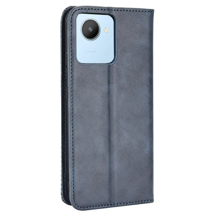 For Realme C30 4G Anti-fingerprint Retro PU Leather Wallet Case Stand Function Flip Auto Closing Magnetic Cover - Blue