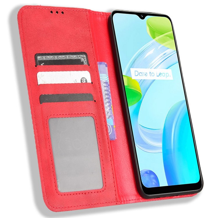 For Realme C30 4G Anti-fingerprint Retro PU Leather Wallet Case Stand Function Flip Auto Closing Magnetic Cover - Red
