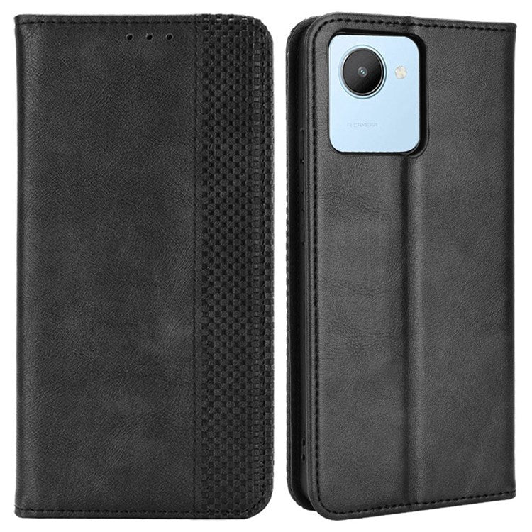 For Realme C30 4G Anti-fingerprint Retro PU Leather Wallet Case Stand Function Flip Auto Closing Magnetic Cover - Black