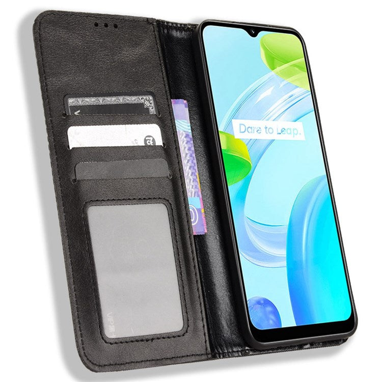 For Realme C30 4G Anti-fingerprint Retro PU Leather Wallet Case Stand Function Flip Auto Closing Magnetic Cover - Black