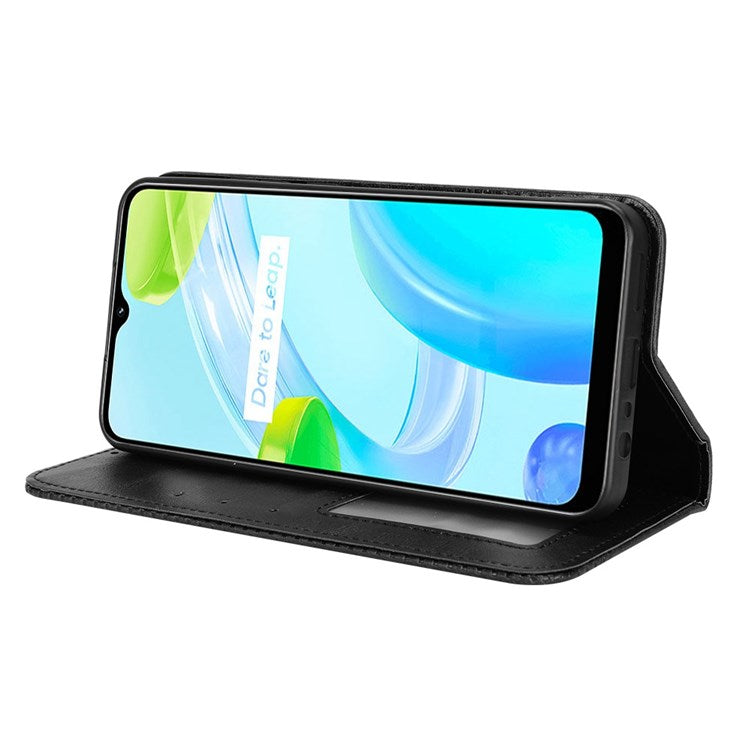 For Realme C30 4G Anti-fingerprint Retro PU Leather Wallet Case Stand Function Flip Auto Closing Magnetic Cover - Black