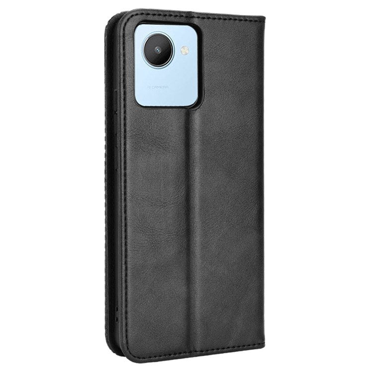 For Realme C30 4G Anti-fingerprint Retro PU Leather Wallet Case Stand Function Flip Auto Closing Magnetic Cover - Black