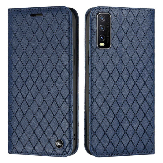 For vivo Y30 /  Y20 / Y20i / Y20s / iQOO U1x / Y20G / Y20 2021 / Y11s / Y12a / Y12s 2021 / Y30g / Y20A Shockproof Flip Wallet Case with Rhombus Pattern - Blue