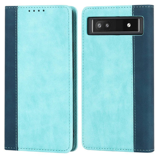 Bi-color Splicing Phone Case for Google Pixel 6a, Magnetic Auto-absorbed PU Leather Wallet Stand Flip Cover - Light Blue / Dark Blue