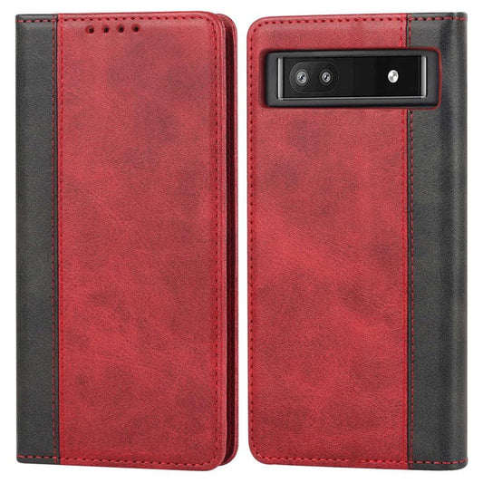 Bi-color Splicing Phone Case for Google Pixel 6a, Magnetic Auto-absorbed PU Leather Wallet Stand Flip Cover - Red / Black