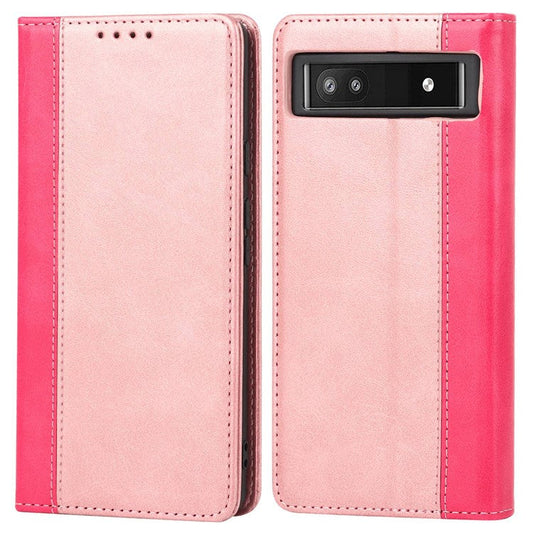 Bi-color Splicing Phone Case for Google Pixel 6a, Magnetic Auto-absorbed PU Leather Wallet Stand Flip Cover - Rose Gold / Rose