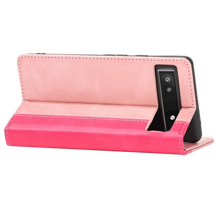 Bi-color Splicing Phone Case for Google Pixel 6a, Magnetic Auto-absorbed PU Leather Wallet Stand Flip Cover - Rose Gold / Rose