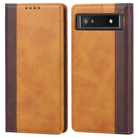 Bi-color Splicing Phone Case for Google Pixel 6a, Magnetic Auto-absorbed PU Leather Wallet Stand Flip Cover - Yellow / Brown