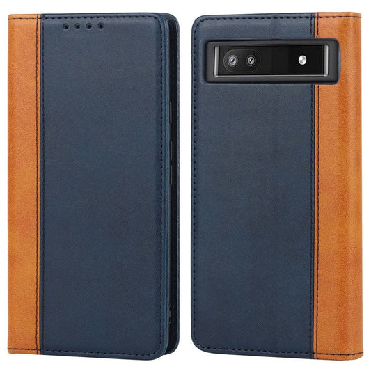 Bi-color Splicing Phone Case for Google Pixel 6a, Magnetic Auto-absorbed PU Leather Wallet Stand Flip Cover - Blue / Yellow