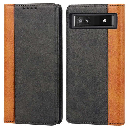 Bi-color Splicing Phone Case for Google Pixel 6a, Magnetic Auto-absorbed PU Leather Wallet Stand Flip Cover - Black / Yellow