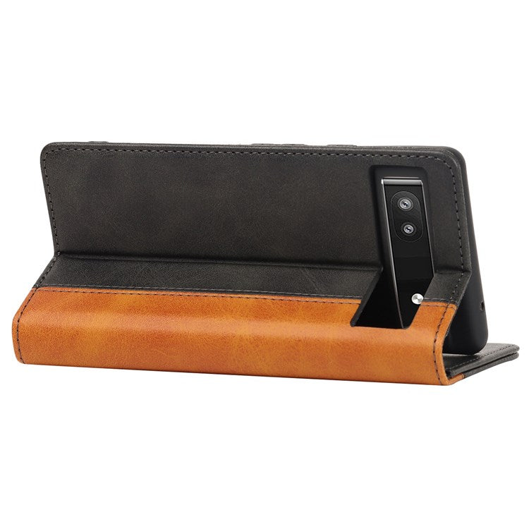 Bi-color Splicing Phone Case for Google Pixel 6a, Magnetic Auto-absorbed PU Leather Wallet Stand Flip Cover - Black / Yellow