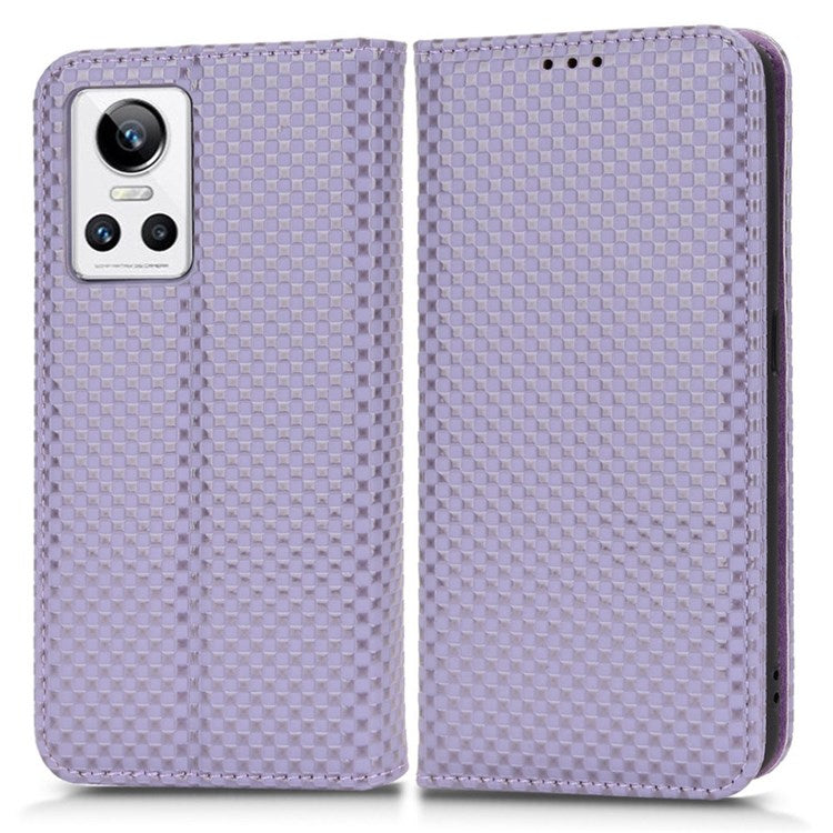 For Realme GT Neo3 Grid Texture PU Leather Stand Case Well-protected Magnetic Auto-absorbed Cell Phone Wallet Cover - Light Purple