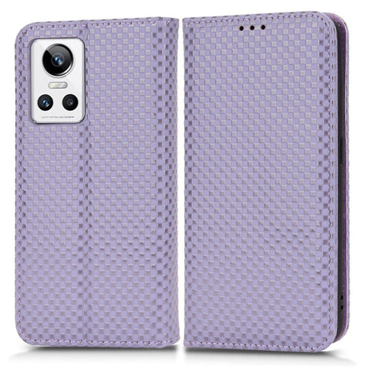 For Realme GT Neo3 Grid Texture PU Leather Stand Case Well-protected Magnetic Auto-absorbed Cell Phone Wallet Cover - Light Purple