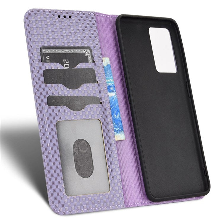 For Realme GT Neo3 Grid Texture PU Leather Stand Case Well-protected Magnetic Auto-absorbed Cell Phone Wallet Cover - Light Purple