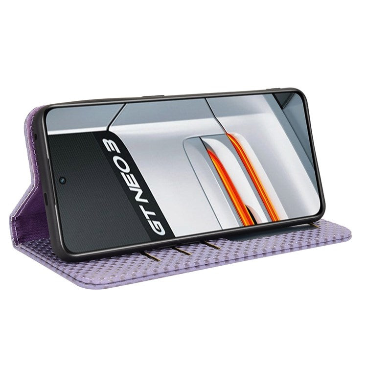 For Realme GT Neo3 Grid Texture PU Leather Stand Case Well-protected Magnetic Auto-absorbed Cell Phone Wallet Cover - Light Purple