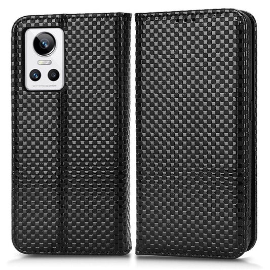 For Realme GT Neo3 Grid Texture PU Leather Stand Case Well-protected Magnetic Auto-absorbed Cell Phone Wallet Cover - Black