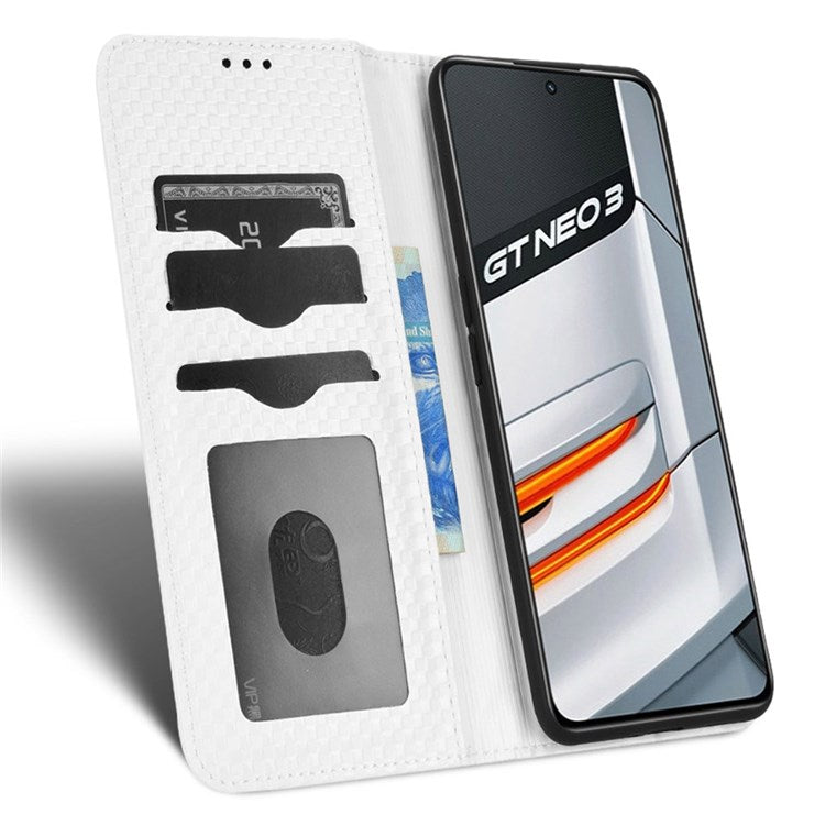 For Realme GT Neo3 Grid Texture PU Leather Stand Case Well-protected Magnetic Auto-absorbed Cell Phone Wallet Cover - White