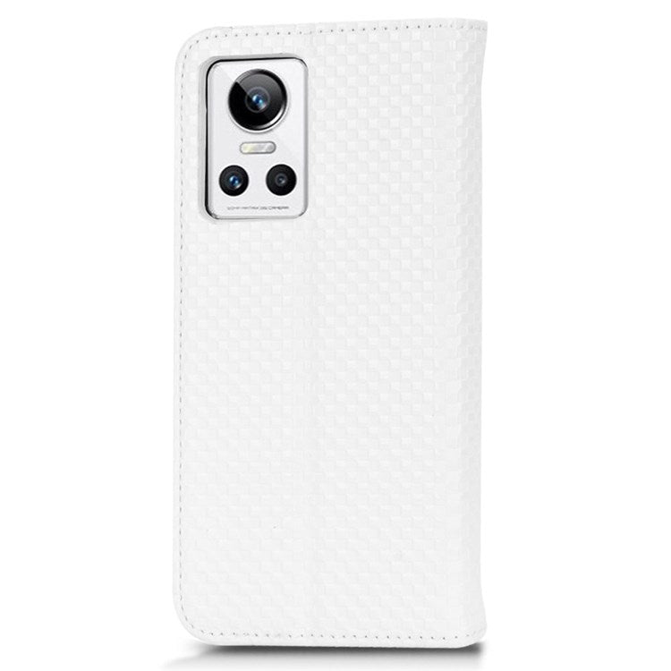 For Realme GT Neo3 Grid Texture PU Leather Stand Case Well-protected Magnetic Auto-absorbed Cell Phone Wallet Cover - White