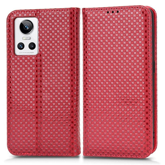 For Realme GT Neo3 Grid Texture PU Leather Stand Case Well-protected Magnetic Auto-absorbed Cell Phone Wallet Cover - Wine Red