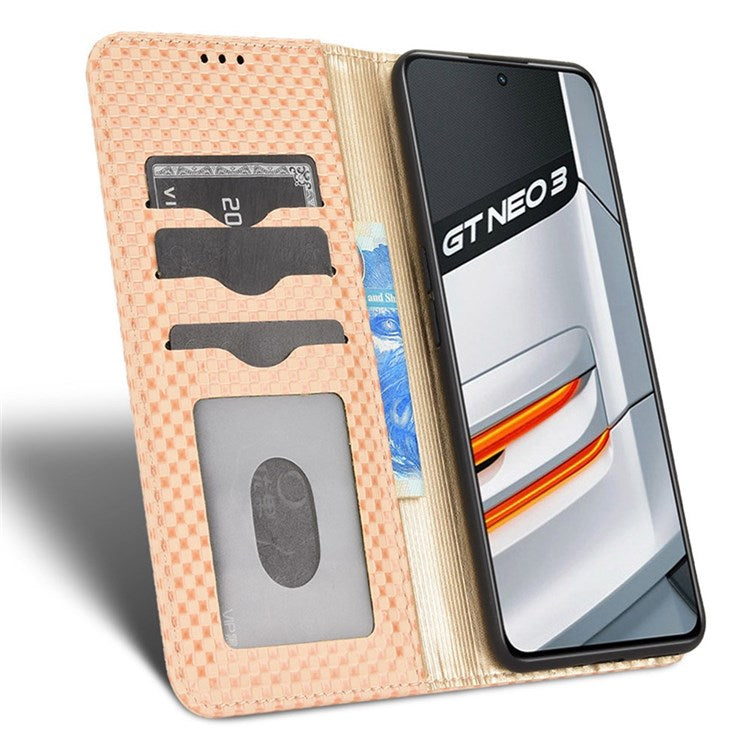 For Realme GT Neo3 Grid Texture PU Leather Stand Case Well-protected Magnetic Auto-absorbed Cell Phone Wallet Cover - Beige