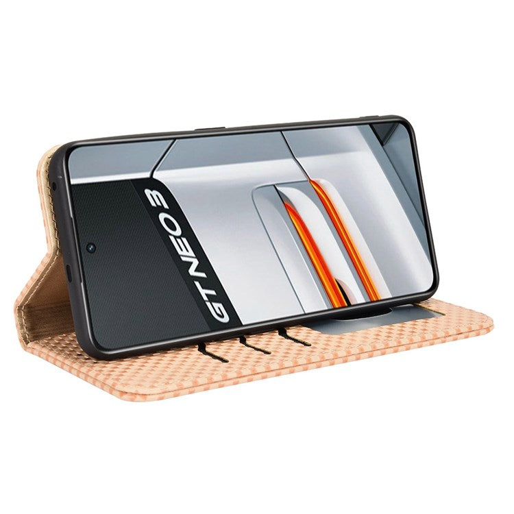 For Realme GT Neo3 Grid Texture PU Leather Stand Case Well-protected Magnetic Auto-absorbed Cell Phone Wallet Cover - Beige