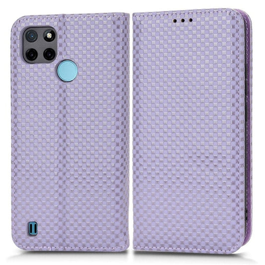 For Realme C21Y  /  C25Y Magnetic Auto-absorbed Full Protection Phone Wallet Cover Anti-scratch Grid Texture PU Leather Stand Case - Light Purple