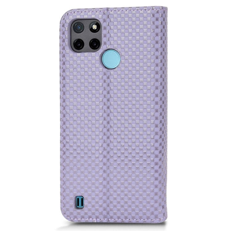 For Realme C21Y  /  C25Y Magnetic Auto-absorbed Full Protection Phone Wallet Cover Anti-scratch Grid Texture PU Leather Stand Case - Light Purple