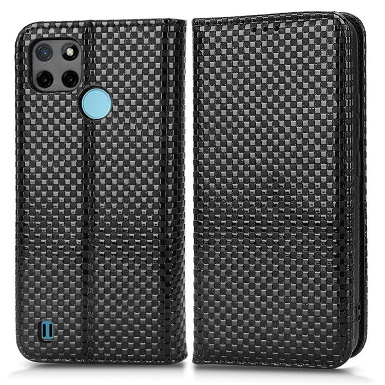 For Realme C21Y  /  C25Y Magnetic Auto-absorbed Full Protection Phone Wallet Cover Anti-scratch Grid Texture PU Leather Stand Case - Black