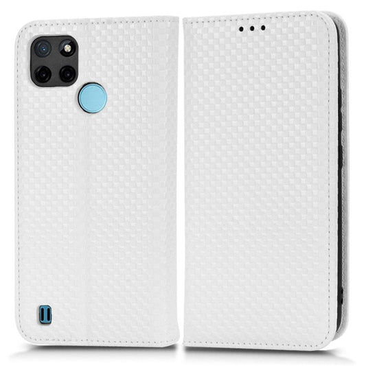 For Realme C21Y  /  C25Y Magnetic Auto-absorbed Full Protection Phone Wallet Cover Anti-scratch Grid Texture PU Leather Stand Case - White