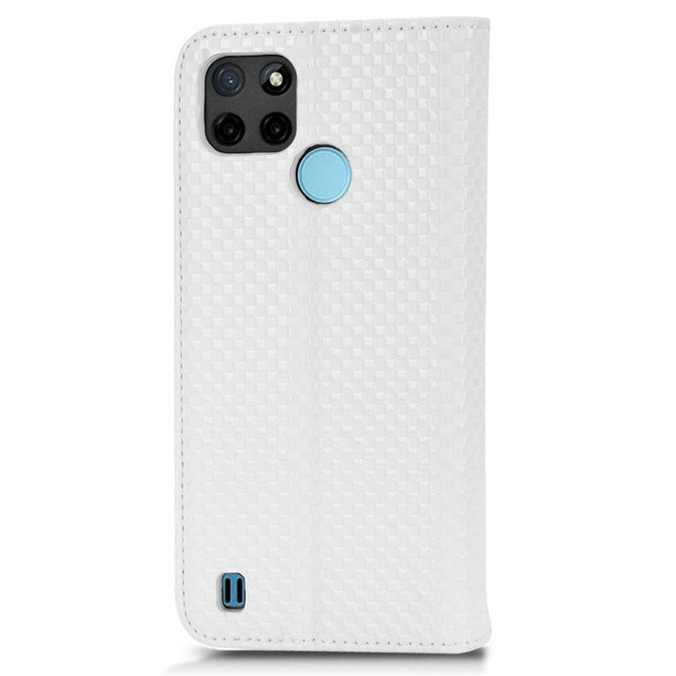 For Realme C21Y  /  C25Y Magnetic Auto-absorbed Full Protection Phone Wallet Cover Anti-scratch Grid Texture PU Leather Stand Case - White