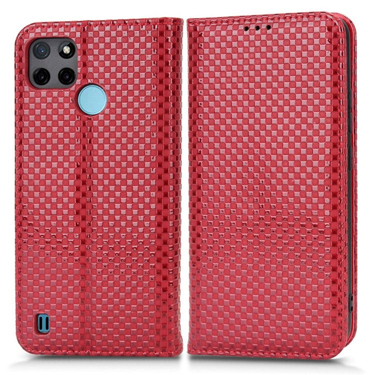 For Realme C21Y  /  C25Y Magnetic Auto-absorbed Full Protection Phone Wallet Cover Anti-scratch Grid Texture PU Leather Stand Case - Wine Red