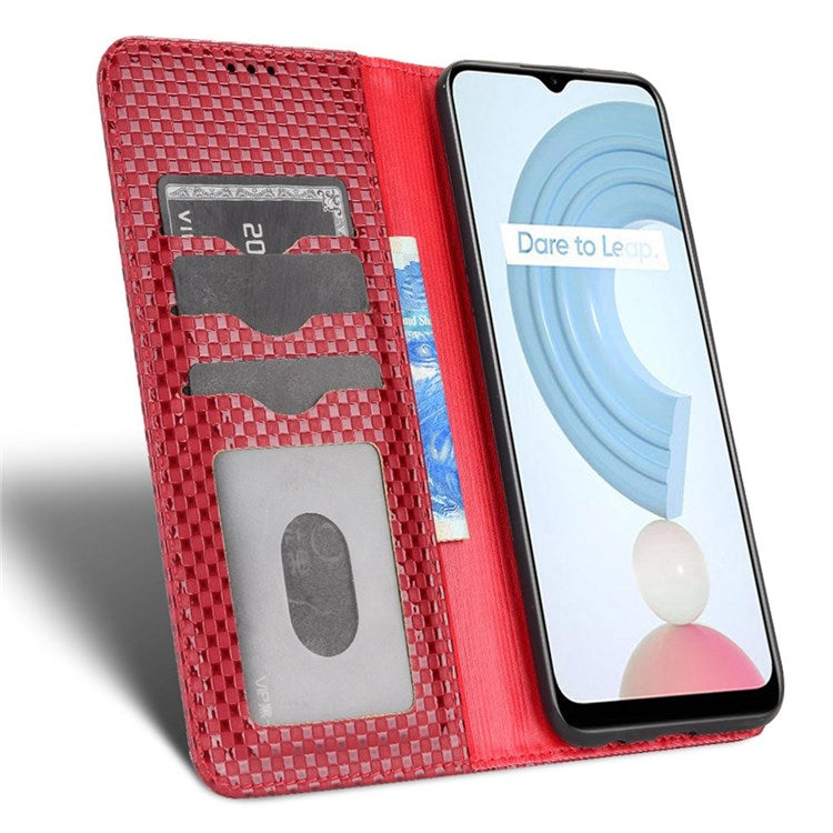 For Realme C21Y  /  C25Y Magnetic Auto-absorbed Full Protection Phone Wallet Cover Anti-scratch Grid Texture PU Leather Stand Case - Wine Red