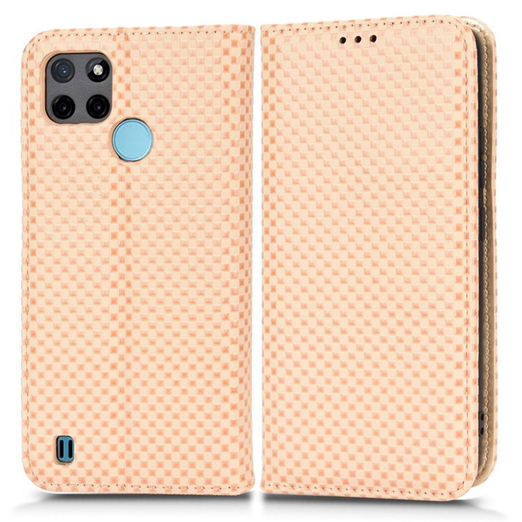 For Realme C21Y  /  C25Y Magnetic Auto-absorbed Full Protection Phone Wallet Cover Anti-scratch Grid Texture PU Leather Stand Case - Beige