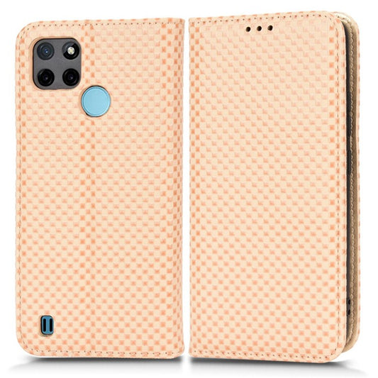 For Realme C21Y  /  C25Y Magnetic Auto-absorbed Full Protection Phone Wallet Cover Anti-scratch Grid Texture PU Leather Stand Case - Beige