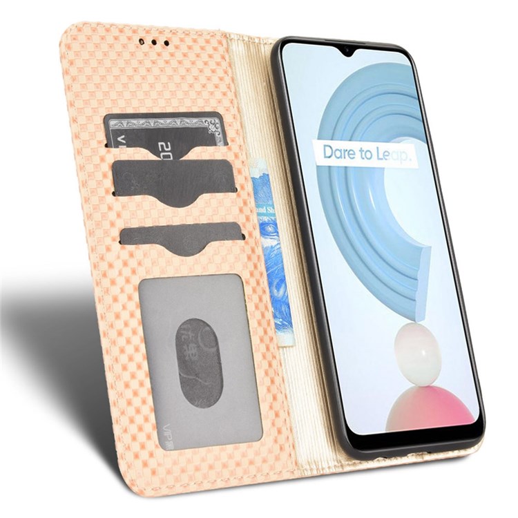 For Realme C21Y  /  C25Y Magnetic Auto-absorbed Full Protection Phone Wallet Cover Anti-scratch Grid Texture PU Leather Stand Case - Beige