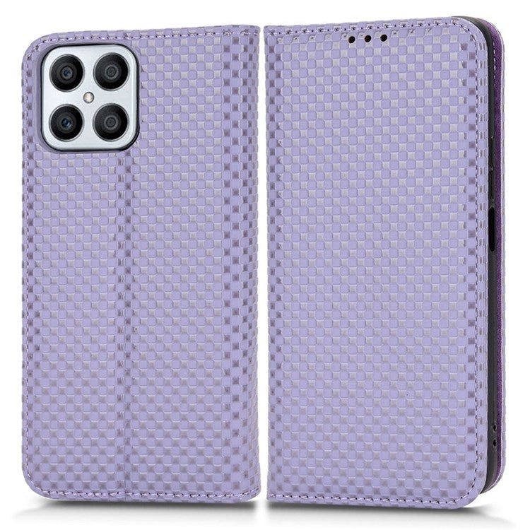 Wallet Phone Bag Case for Honor X8 4G, Imprinted Grid Texture Magnetic Auto-absorbed PU Leather Phone Cover - Light Purple
