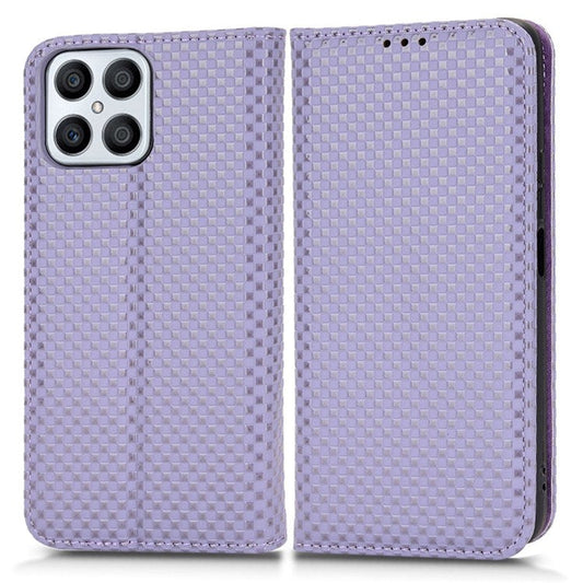 Wallet Phone Bag Case for Honor X8 4G, Imprinted Grid Texture Magnetic Auto-absorbed PU Leather Phone Cover - Light Purple